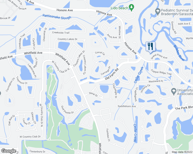 map of restaurants, bars, coffee shops, grocery stores, and more near 5774 Carriage Drive in Sarasota