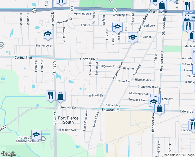 map of restaurants, bars, coffee shops, grocery stores, and more near 2950 Summit Street in Fort Pierce