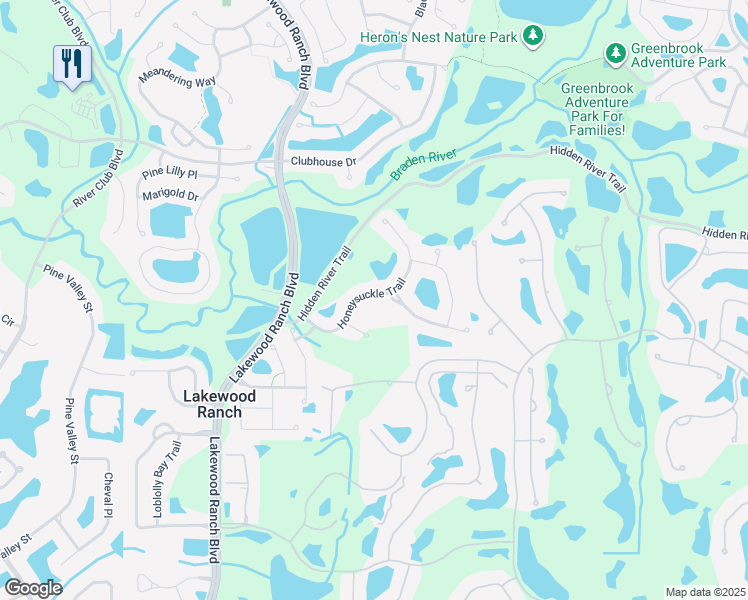 map of restaurants, bars, coffee shops, grocery stores, and more near 6927 Honeysuckle Trail in Lakewood Ranch