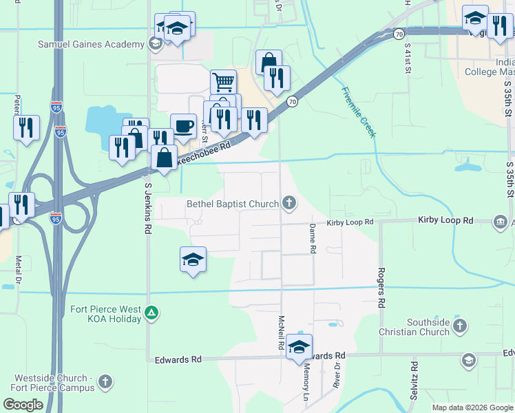 map of restaurants, bars, coffee shops, grocery stores, and more near 5081 Kirby Loop Road in Fort Pierce
