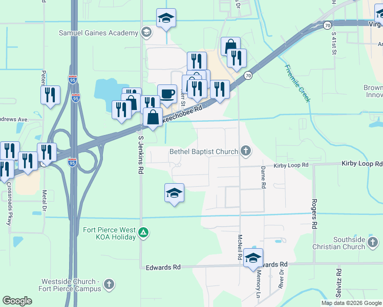 map of restaurants, bars, coffee shops, grocery stores, and more near 5081 Kirby Loop Road in Fort Pierce