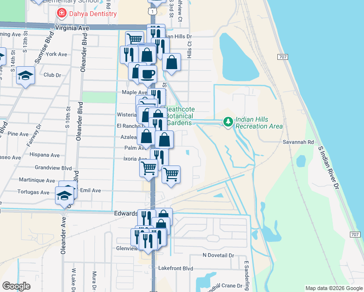 map of restaurants, bars, coffee shops, grocery stores, and more near Grand Club Place in Fort Pierce