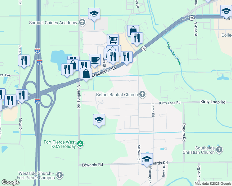 map of restaurants, bars, coffee shops, grocery stores, and more near 5081 Kirby Loop Road in Fort Pierce