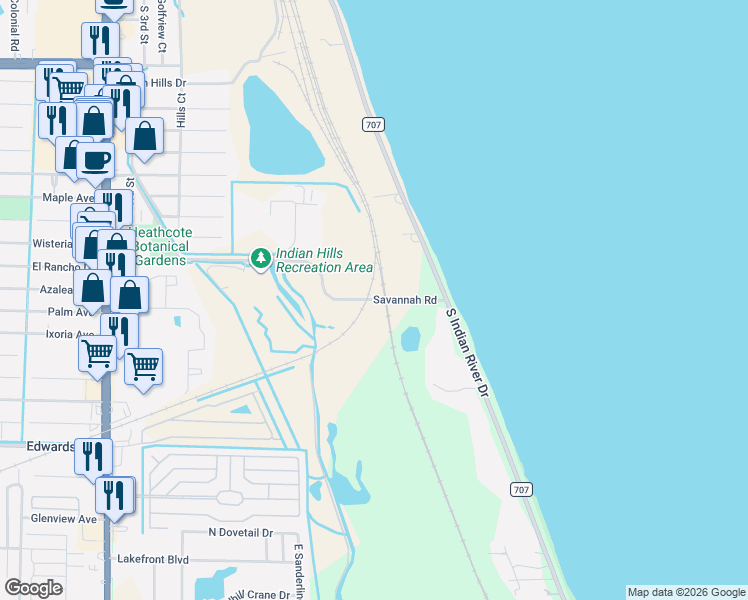 map of restaurants, bars, coffee shops, grocery stores, and more near 51 Savannah Road in Fort Pierce