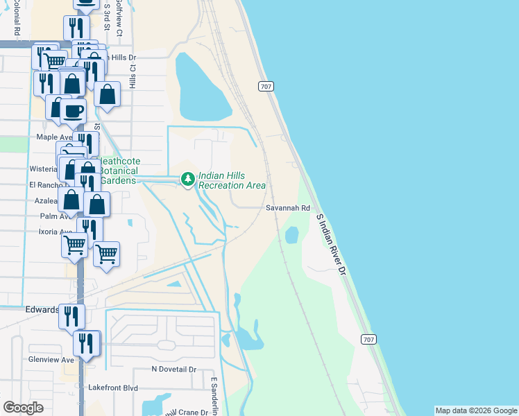 map of restaurants, bars, coffee shops, grocery stores, and more near 51 Savannah Road in Fort Pierce
