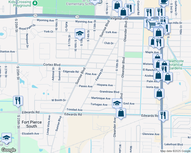 map of restaurants, bars, coffee shops, grocery stores, and more near 1104 Pine Avenue in Fort Pierce