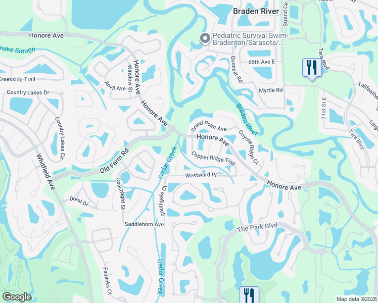 map of restaurants, bars, coffee shops, grocery stores, and more near 6516 Copper Ridge Trail in Bradenton