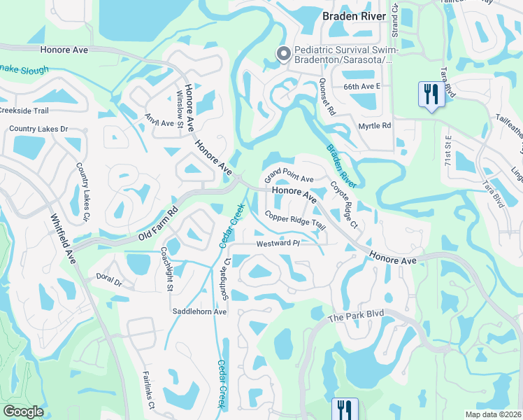 map of restaurants, bars, coffee shops, grocery stores, and more near 6516 Copper Ridge Trail in Bradenton