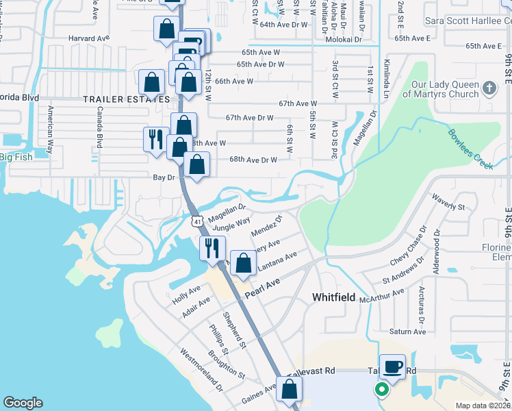 map of restaurants, bars, coffee shops, grocery stores, and more near 712 69th Avenue West in Bradenton