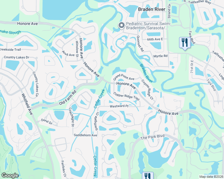 map of restaurants, bars, coffee shops, grocery stores, and more near 6516 Copper Ridge Trail in Bradenton