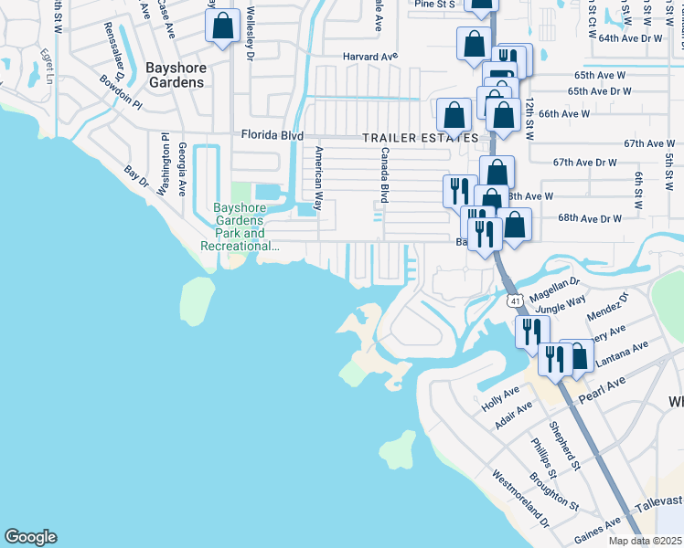 map of restaurants, bars, coffee shops, grocery stores, and more near 6927 21st Street West in Bradenton