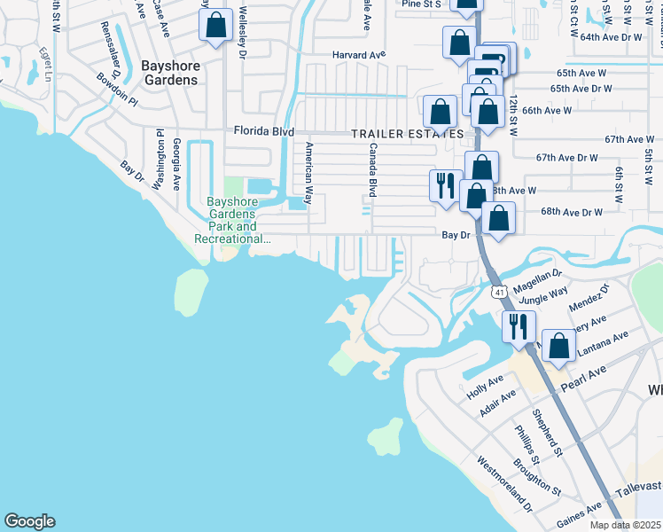 map of restaurants, bars, coffee shops, grocery stores, and more near 6927 21st Street West in Bradenton