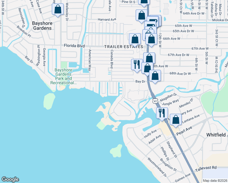 map of restaurants, bars, coffee shops, grocery stores, and more near 6924 East Bayou Lane in Bradenton