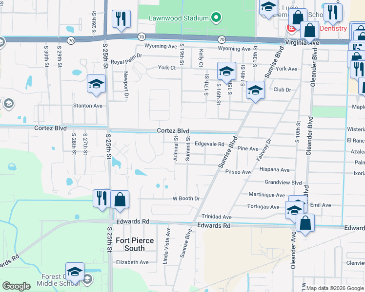 map of restaurants, bars, coffee shops, grocery stores, and more near 1709 Edgevale Road in Fort Pierce