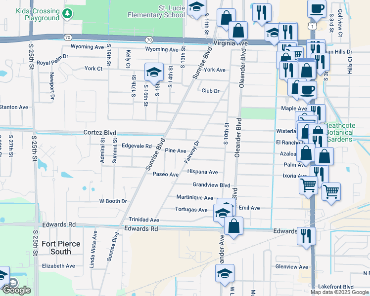 map of restaurants, bars, coffee shops, grocery stores, and more near 1104 Pine Avenue in Fort Pierce