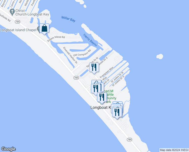 map of restaurants, bars, coffee shops, grocery stores, and more near 657 Cedars Court in Longboat Key