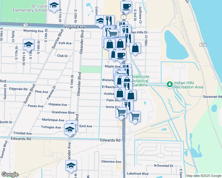 map of restaurants, bars, coffee shops, grocery stores, and more near 509 El Rancho Drive in Fort Pierce