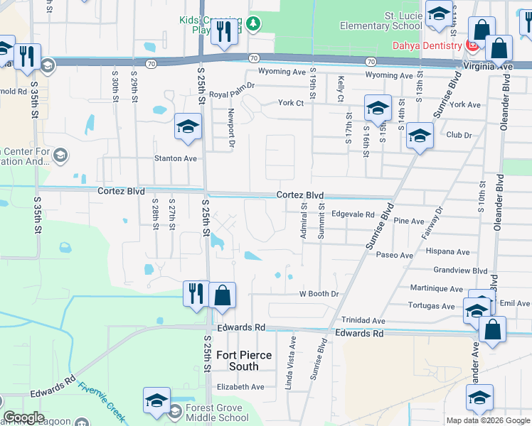 map of restaurants, bars, coffee shops, grocery stores, and more near Linda Sue Circle in Fort Pierce