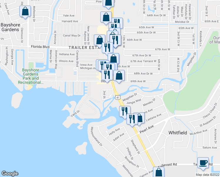 map of restaurants, bars, coffee shops, grocery stores, and more near 6916 14th Street West in Bradenton