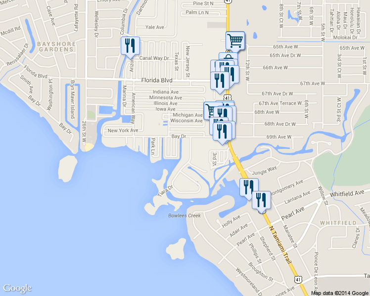 map of restaurants, bars, coffee shops, grocery stores, and more near 6923 Tarpon Lane in Bradenton