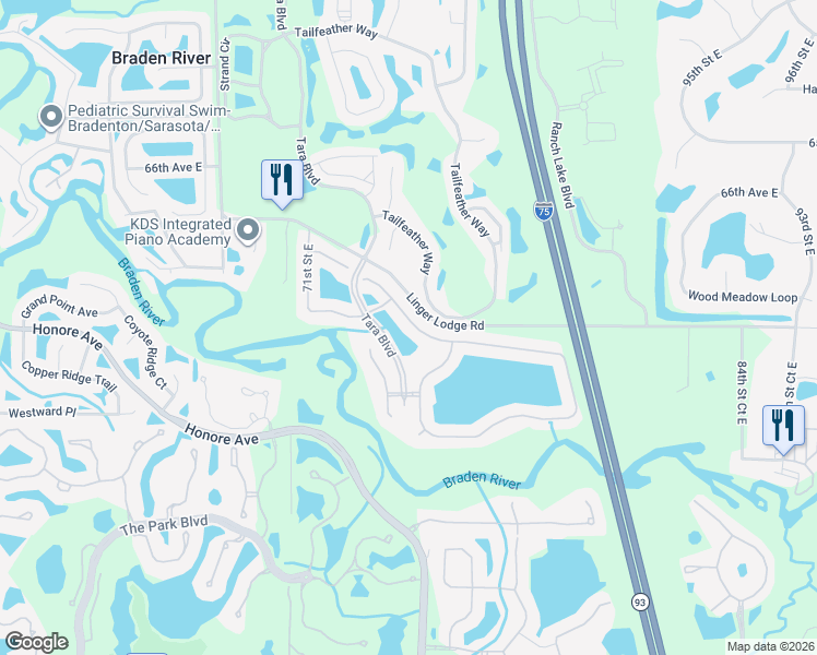 map of restaurants, bars, coffee shops, grocery stores, and more near 6834 74th Street Circle East in Bradenton