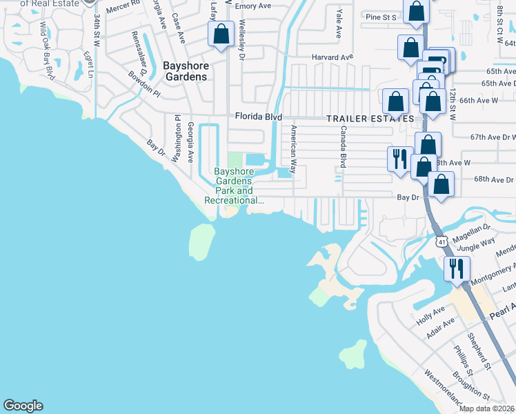 map of restaurants, bars, coffee shops, grocery stores, and more near 2309 Bay Drive in Bradenton