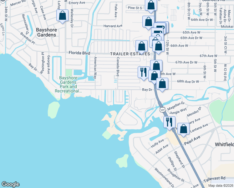 map of restaurants, bars, coffee shops, grocery stores, and more near 1903 Bay Drive in Bradenton
