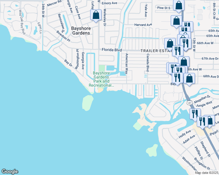 map of restaurants, bars, coffee shops, grocery stores, and more near 2309 Bay Drive in Bradenton