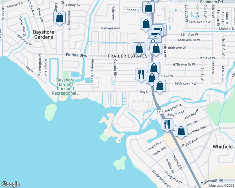 map of restaurants, bars, coffee shops, grocery stores, and more near 1903 Bay Drive in Bradenton