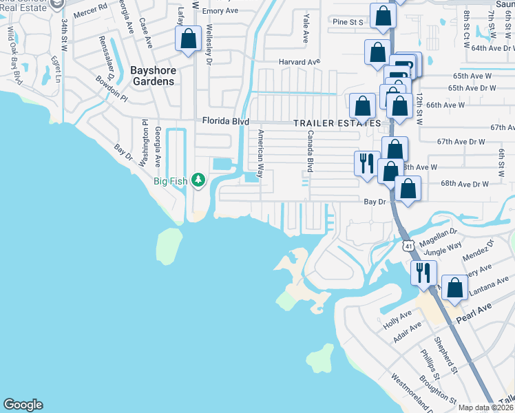map of restaurants, bars, coffee shops, grocery stores, and more near 2203 69th Avenue West in Bradenton