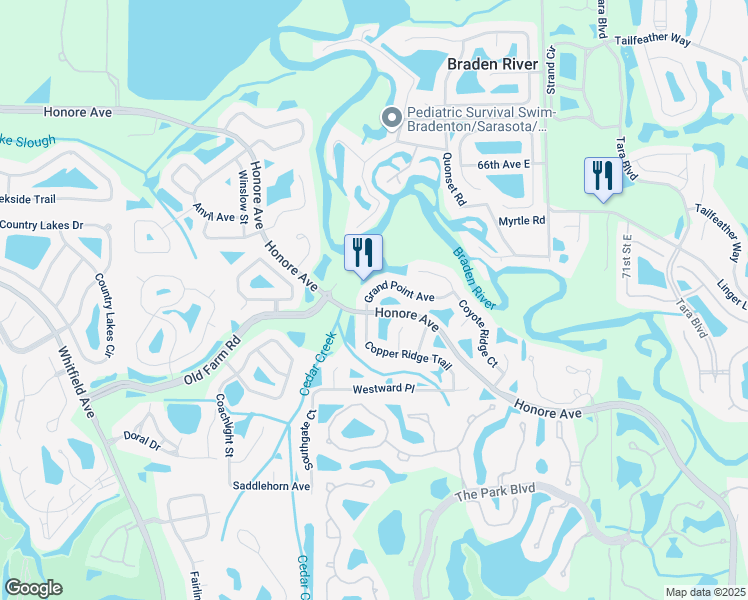 map of restaurants, bars, coffee shops, grocery stores, and more near 6409 Grand Point Avenue in Bradenton