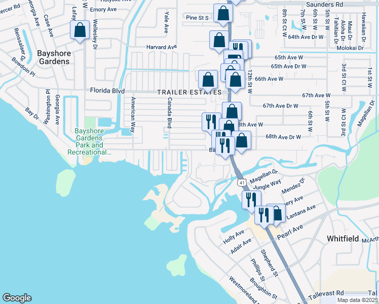 map of restaurants, bars, coffee shops, grocery stores, and more near 1804 New York Avenue in Bradenton