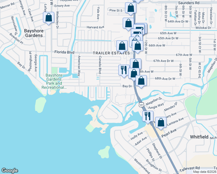 map of restaurants, bars, coffee shops, grocery stores, and more near 1714 Bay Drive in Bradenton