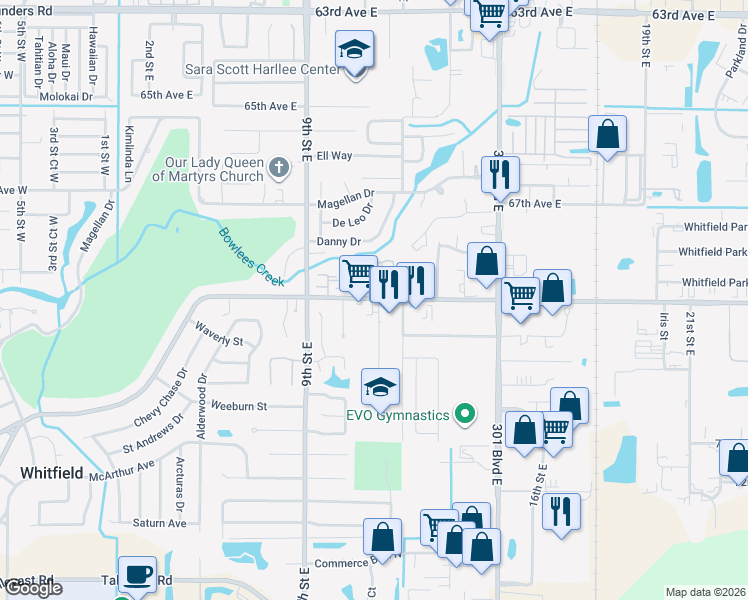 map of restaurants, bars, coffee shops, grocery stores, and more near 1090 69th Avenue East in Sarasota