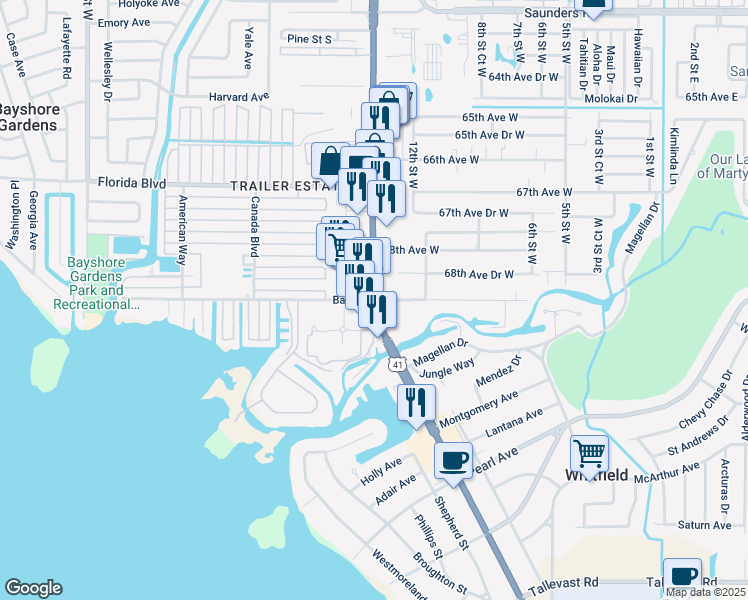 map of restaurants, bars, coffee shops, grocery stores, and more near 6835 14th Street West in Bradenton