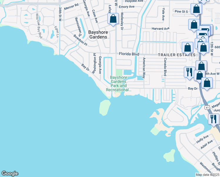 map of restaurants, bars, coffee shops, grocery stores, and more near 2610 Bay Drive in Bradenton