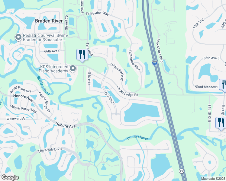 map of restaurants, bars, coffee shops, grocery stores, and more near 6834 74th Street Circle East in Bradenton
