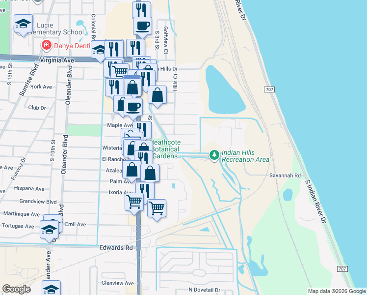 map of restaurants, bars, coffee shops, grocery stores, and more near 123 Wisteria Avenue in Fort Pierce