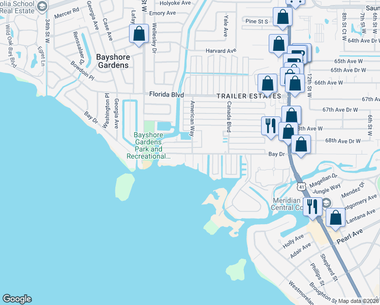 map of restaurants, bars, coffee shops, grocery stores, and more near 2203 69th Avenue West in Bradenton