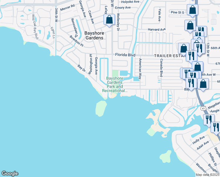 map of restaurants, bars, coffee shops, grocery stores, and more near 2610 Bay Drive in Bradenton