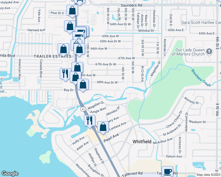 map of restaurants, bars, coffee shops, grocery stores, and more near 805 69th Avenue West in Bradenton