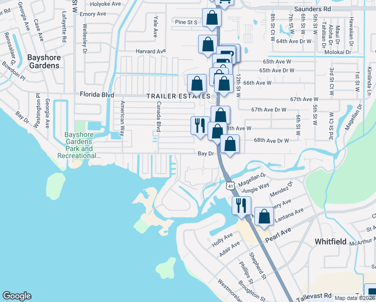 map of restaurants, bars, coffee shops, grocery stores, and more near 1610 New York Avenue in Bradenton