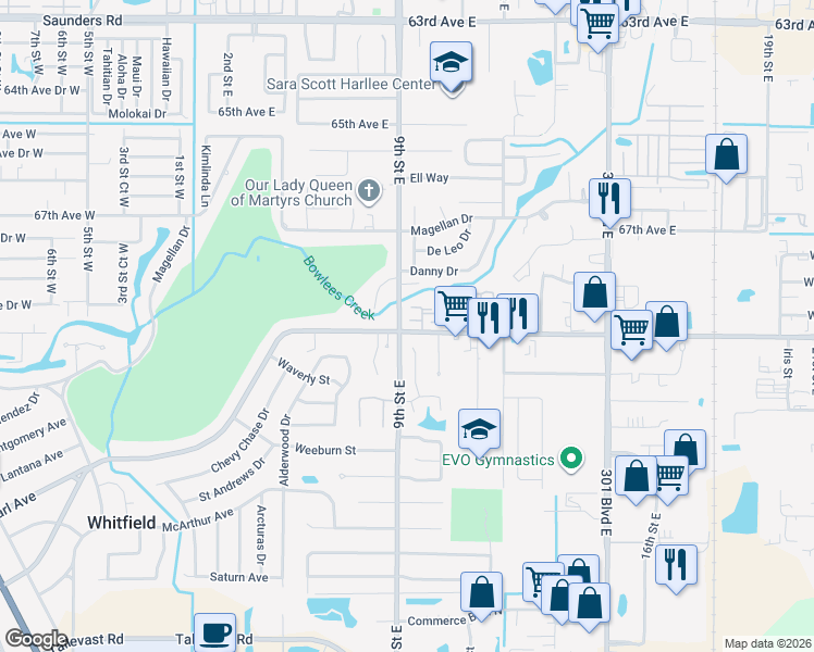 map of restaurants, bars, coffee shops, grocery stores, and more near 6872 Whitman Court in Sarasota