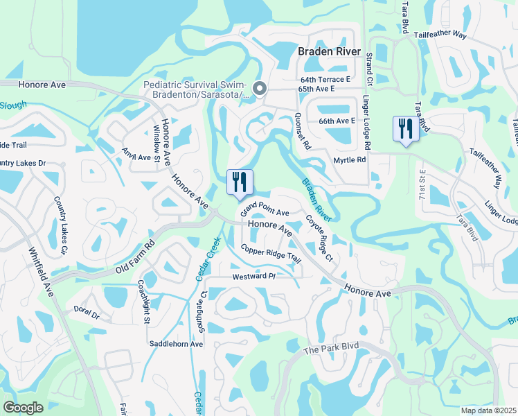 map of restaurants, bars, coffee shops, grocery stores, and more near 6504 Grand Point Avenue in Bradenton