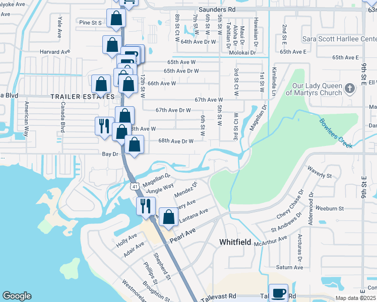 map of restaurants, bars, coffee shops, grocery stores, and more near 805 69th Avenue West in Bradenton
