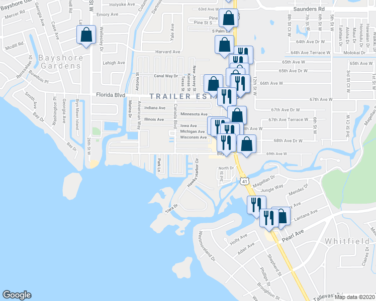 map of restaurants, bars, coffee shops, grocery stores, and more near 1804 New York Avenue in Bradenton