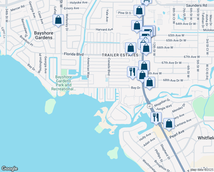 map of restaurants, bars, coffee shops, grocery stores, and more near 1903 Bay Drive in Bradenton