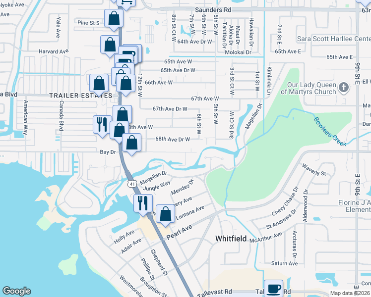 map of restaurants, bars, coffee shops, grocery stores, and more near 805 69th Avenue West in Bradenton