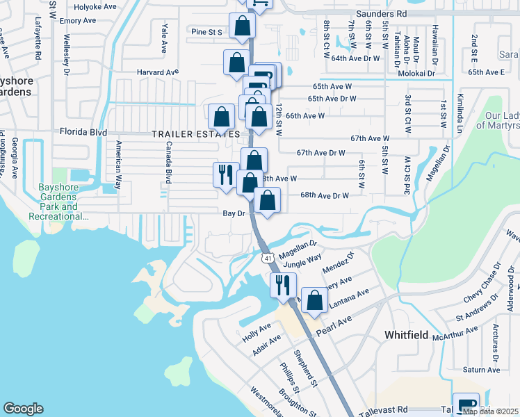 map of restaurants, bars, coffee shops, grocery stores, and more near 6835 14th Street West in Bradenton