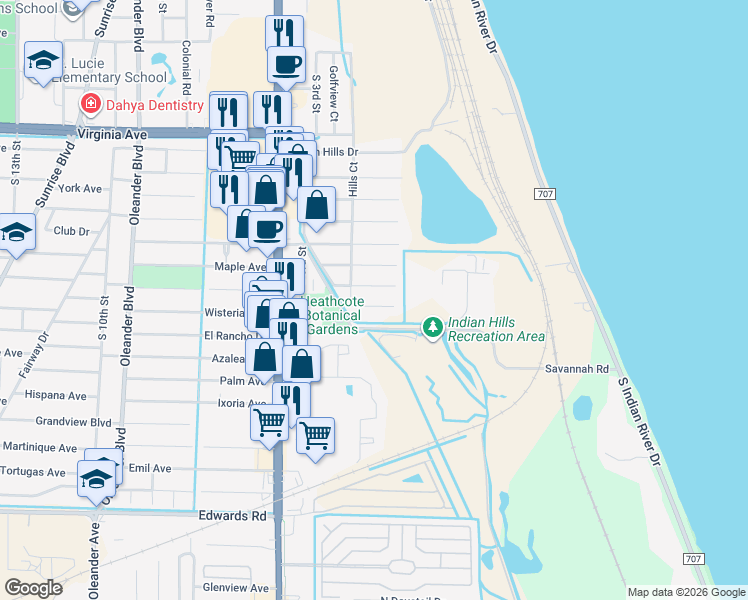 map of restaurants, bars, coffee shops, grocery stores, and more near 123 Wisteria Avenue in Fort Pierce